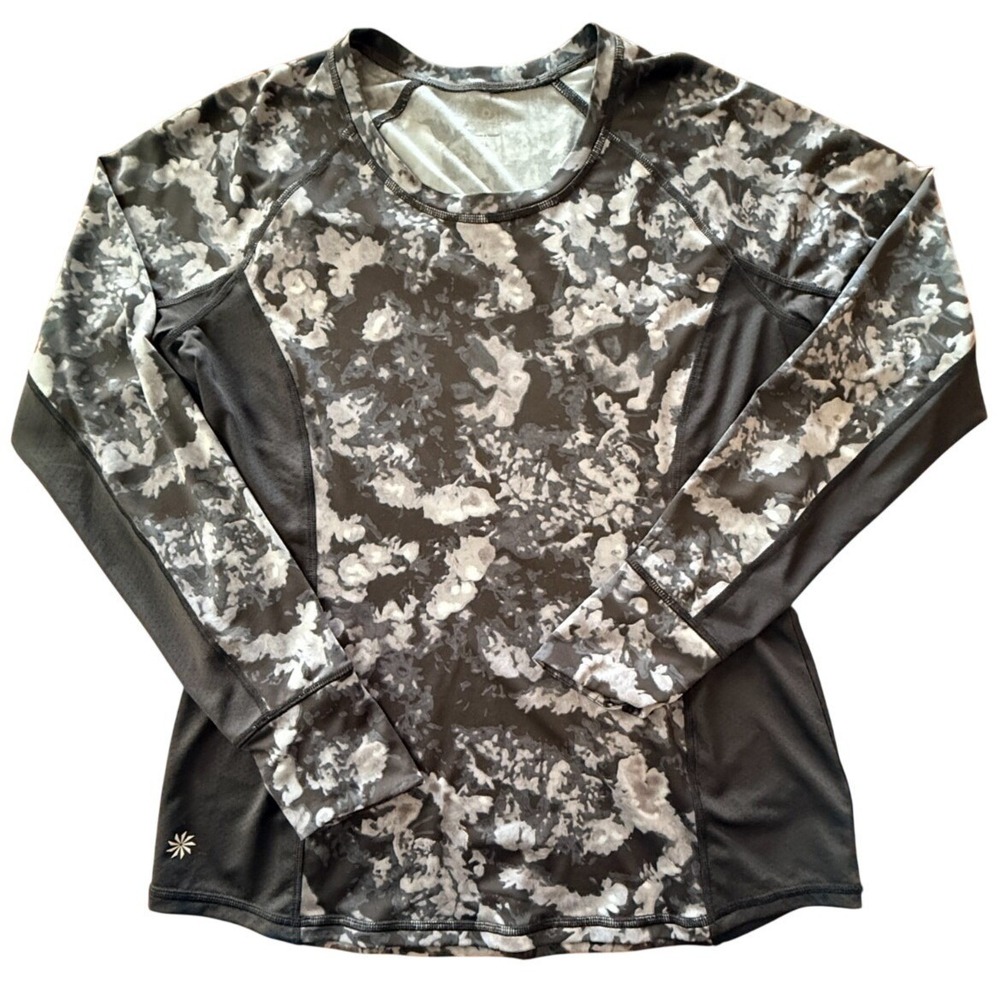 Athleta Womensโ Large Gray Black Camo Long Sleeve Athletic Running Workout Top